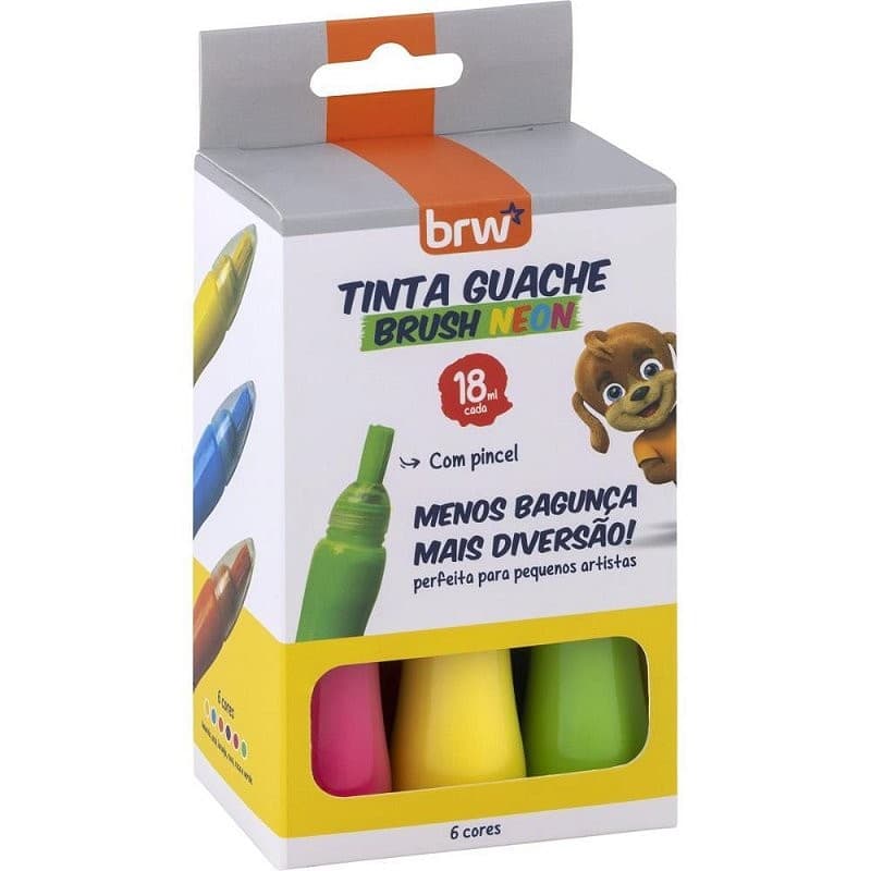 Tinta Guache 18ML 6 Cores Neon com Ponta de Pincel e Lacre
