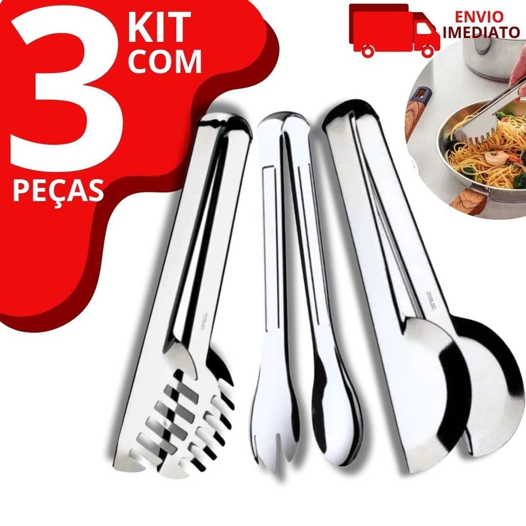 Kit com 3 Pegador Inox Pegador de Salada, Massa e Universal para Cozinha, Buffet e Servir Alimento