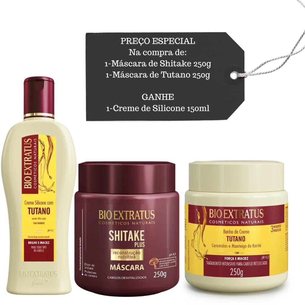 Cronograma Bio Extratus Máscaras Shitake e Tutano 250g + Presente Creme de Silicone 150ml