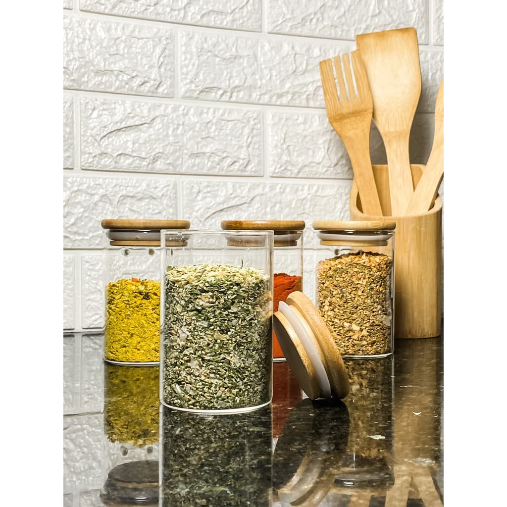 Kit Potes Porta Tempero Vidro Herméticos com Tampa de Bambu