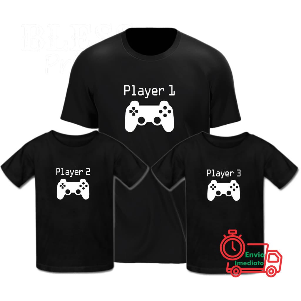 Kit 3 Camisetas Familia Player 1 , 2 E 3 - 100% Algodão
