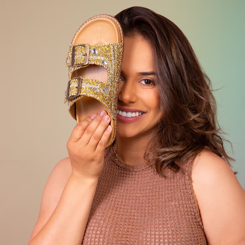 Sandália Papete Feminina Conforto e Estilo com Strass e Fivela Ajustável