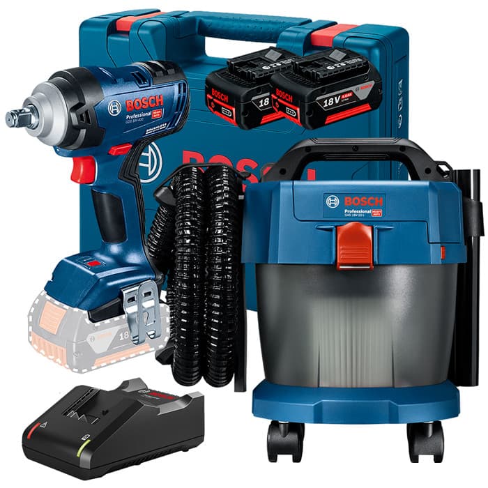 Kit Chave de Impacto 1/2" GDS 18V-400 + Aspirador de Pó GAS 18V-10L Premium + 2 Bateria 4Ah + Carregador Rápido Bosch