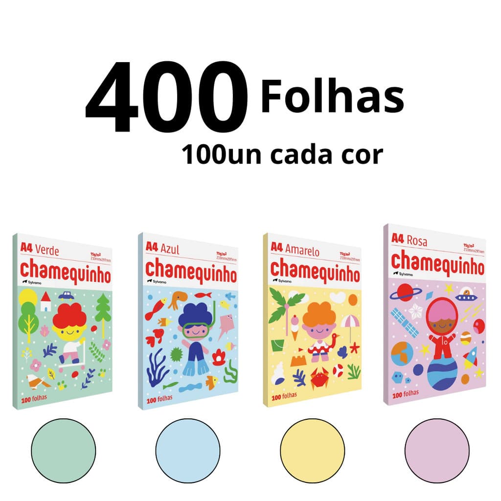 Kit 4 Cores Papel Sulfite Chamequinho Colorido Amarelo Verde Rosa Azul 400 Folhas A4 75g