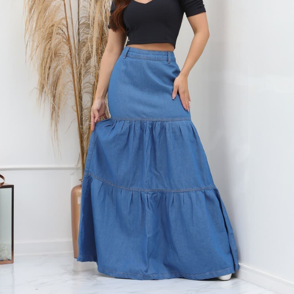 Janejeans 1012 1010 Saia Longa  jeans Com Ziper feminina tecido grosso