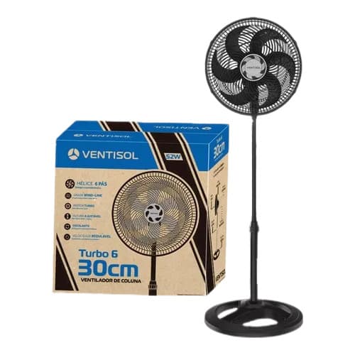 Ventilador De Coluna Preto 30cm Turbo 6 Pás Oscilante Ventisol 127V