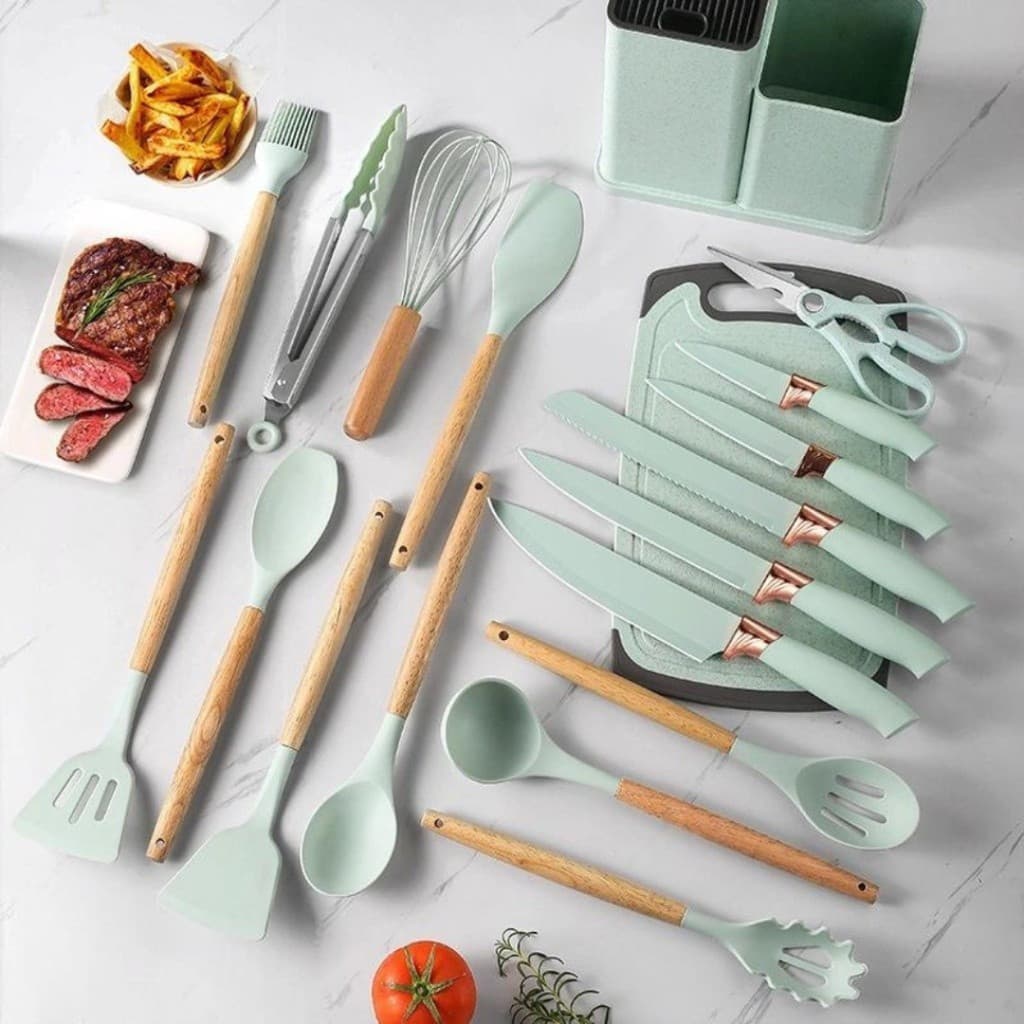 Completo Jogo Utensílios de Cozinha Luxo 12 Peças/19 Peças Com Tábua em Silicone Espátula Faca Tesoura