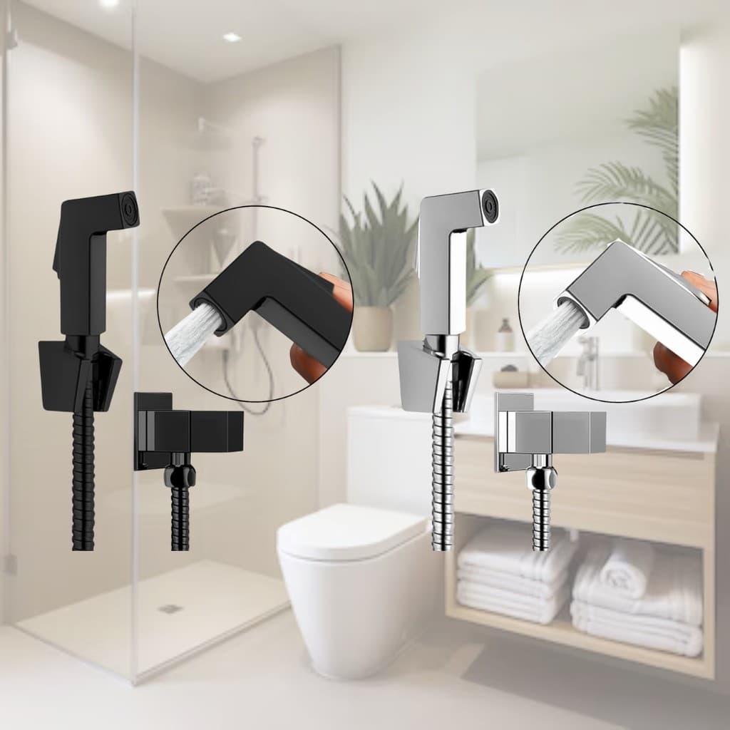 Ducha Higiênica De Banheiro Chuveirinho Quadrada Metal Inox Preto Fosco e prata brilho