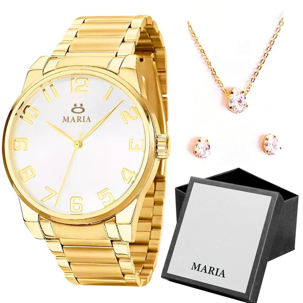 relogio feminino aço inox dourado + colar + caixa + brincos banhado qualidade premium moda presente