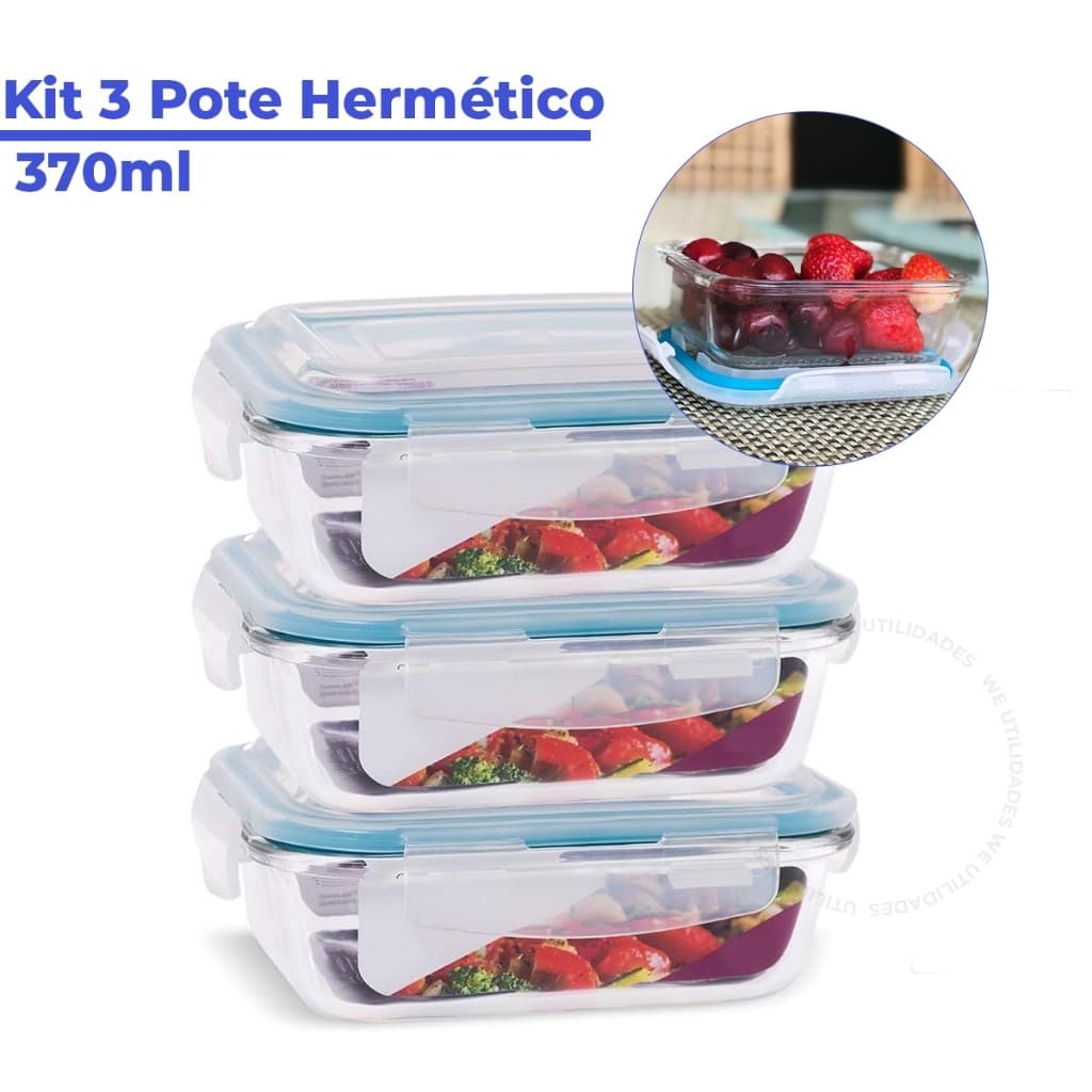 Kit 3 Pote de Vidro Hermético Retangular 370 ml Marmita Microondas