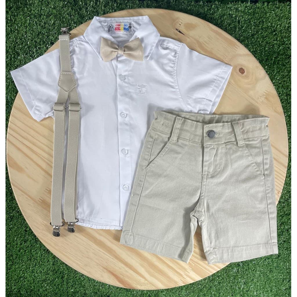 Bermuda Nude Camisa Branca Gravata Suspensório Batizado Pajem Casamento Formatura Menino Infantil Social
