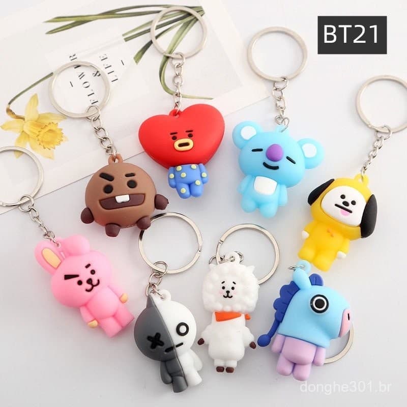 Música Pop Coreana 3D BTS Kpop Fofo bt21 Dois Chaveiros de PVC de Desenho Animado Boneca Pendente Clipe Acessórios