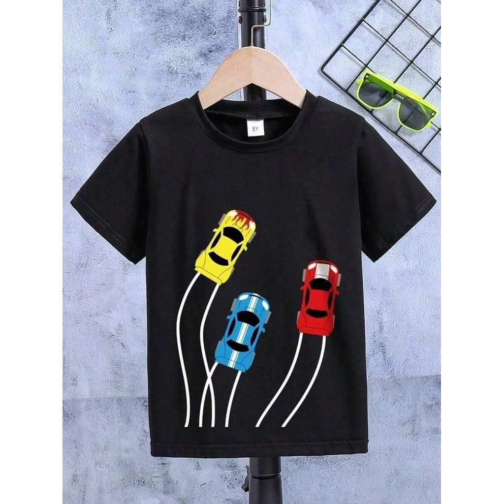 Camiseta Infantil menino Carro pista de corrida de Manga Curta para Menino com Padrão Estampado