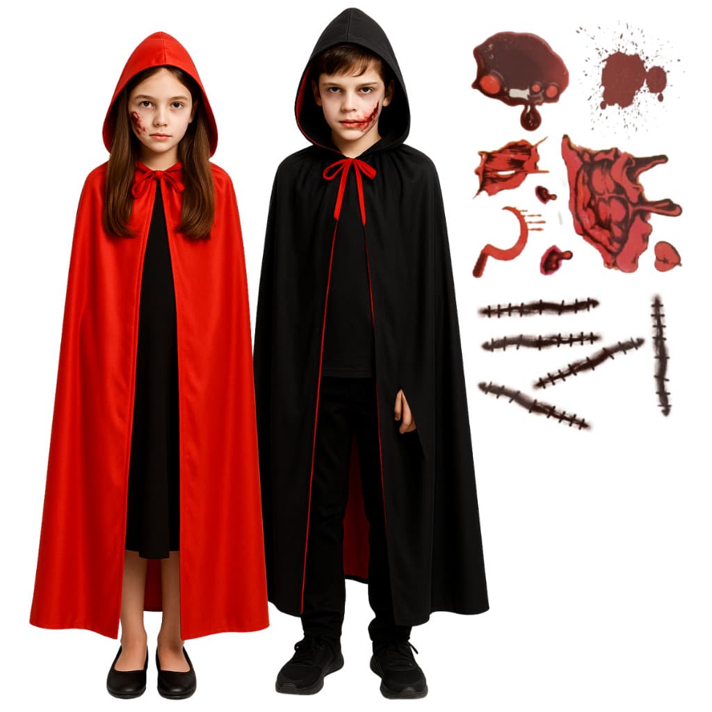 Kit Capa De Bruxo Fantasia Halloween Dupla Face + Tatoo Ferimento Falso Fantasia Vampiro Drácula Fantasia Infantil