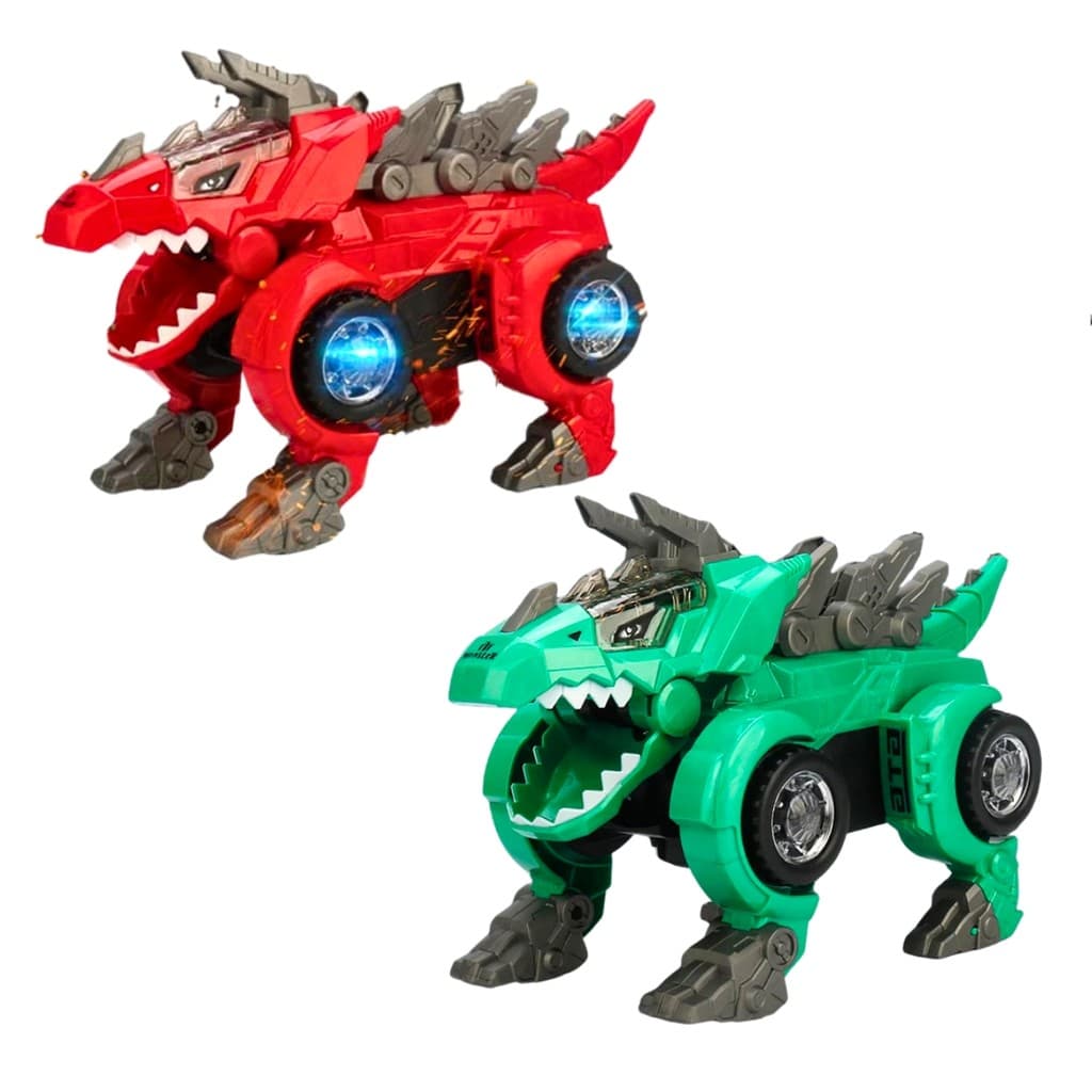kit 2 Carro Dinossauro Robo brinquedo infantil luz de led colorida musica bate e volta transforme