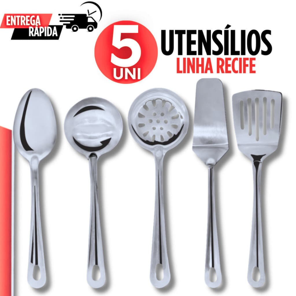 Jogo 5 Utensílios Aço Inox Para Servir Colher Concha Escumadeira Espátula e Bolo Espátula Vazada