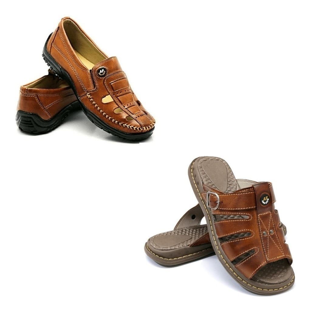 Kit 2 Pares Sapatilha Mocassim Masculina em Couro Legítimo & Sandália Masculina Ortopédica em Couro Legítimo