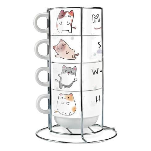 Torre 4 Xícaras Café + Suporte Pet Gatinhos Fofinhos Cute
