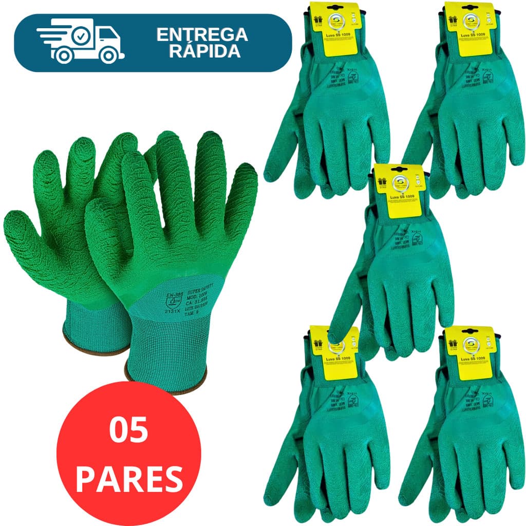 Kit 5 Prs Luva Revestida Látex Corrugado Verde SS 1009  Banhada Coleta Jardinagem Reciclagem Epi
