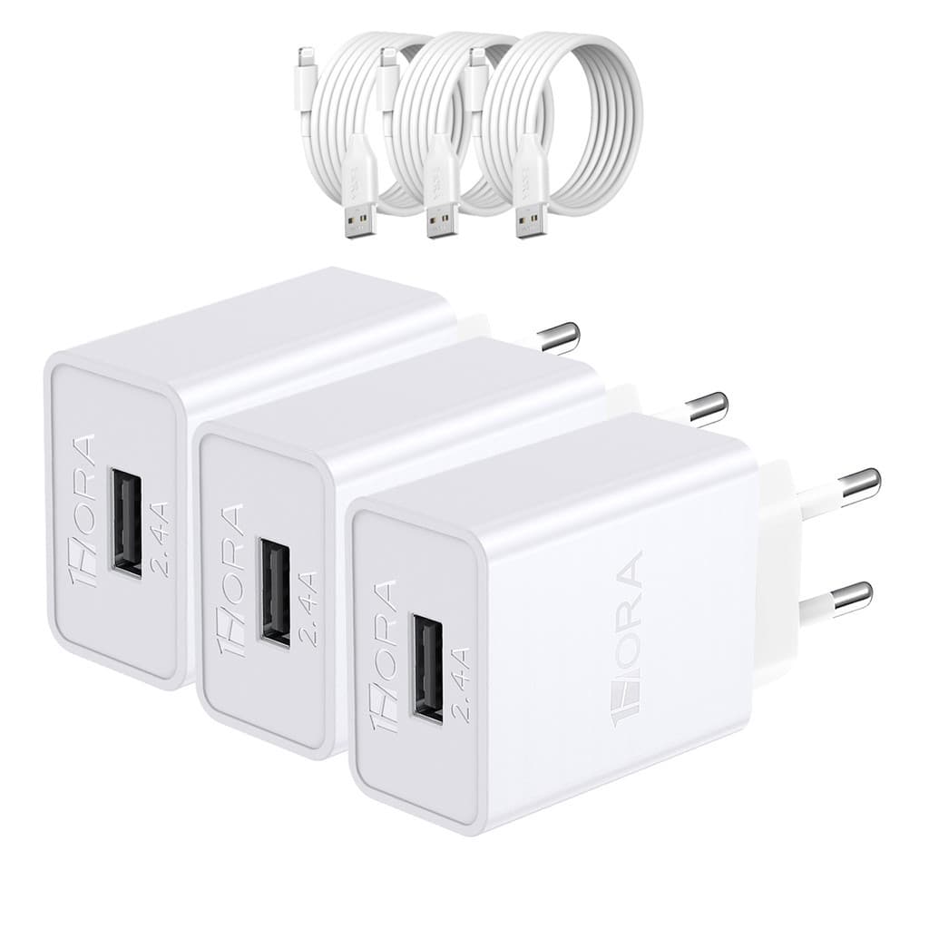 KIT 3X Carregador Usb 1Hora, 2.4A + Cabo Usb A/Lightning Branco