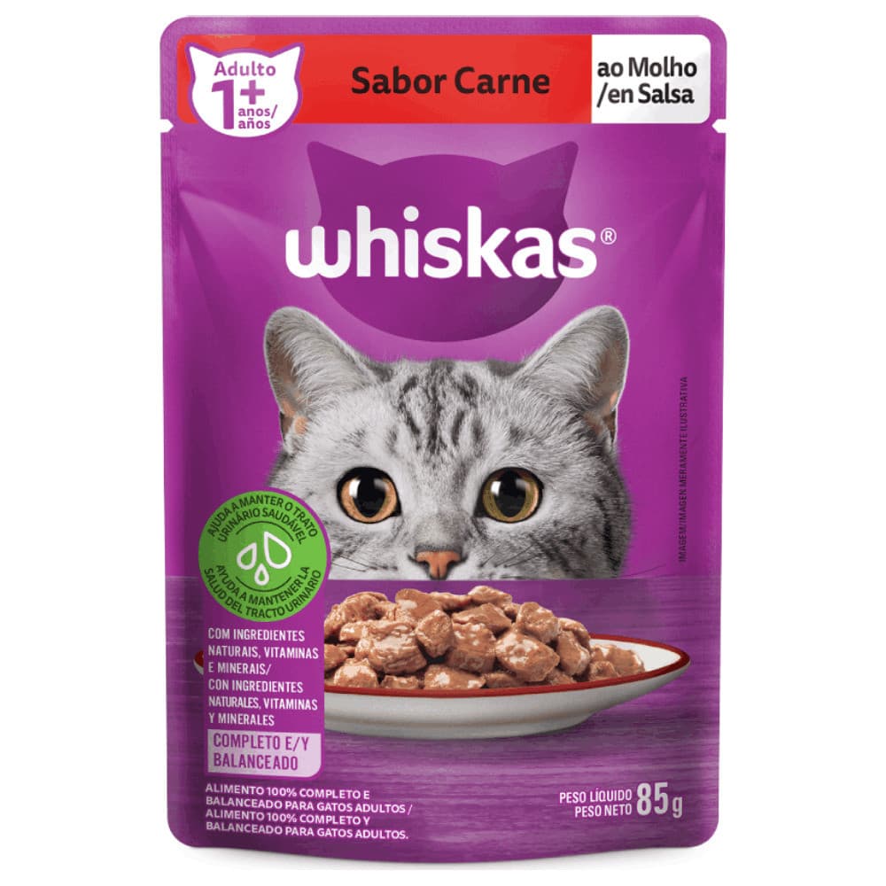 Sachê  Whiskas Ração Úmida Carne ao Molho Gatos Ad. 85 g 12un
