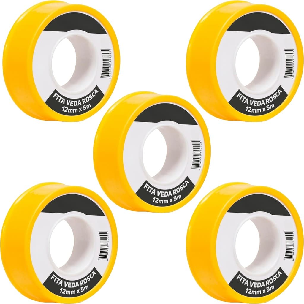 Kit 5 Fitas Veda Rosca Teflon 12mm x 5m Fertak Fita de Vedação para Conexões de Encanamento Manutenção Hidráulica