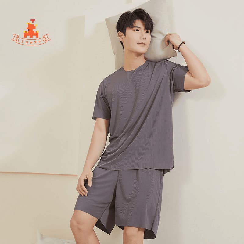 Conjunto De Pijama Masculino De Tecido Frio Respirável/Camiseta + Shorts/Casual De Cor Sólida