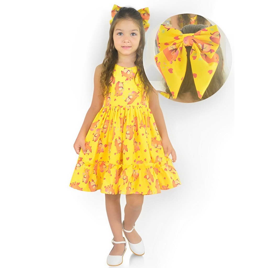 Vestido Infantil Capivara Charmosa Amarelo + Laço Cabelo Luxo