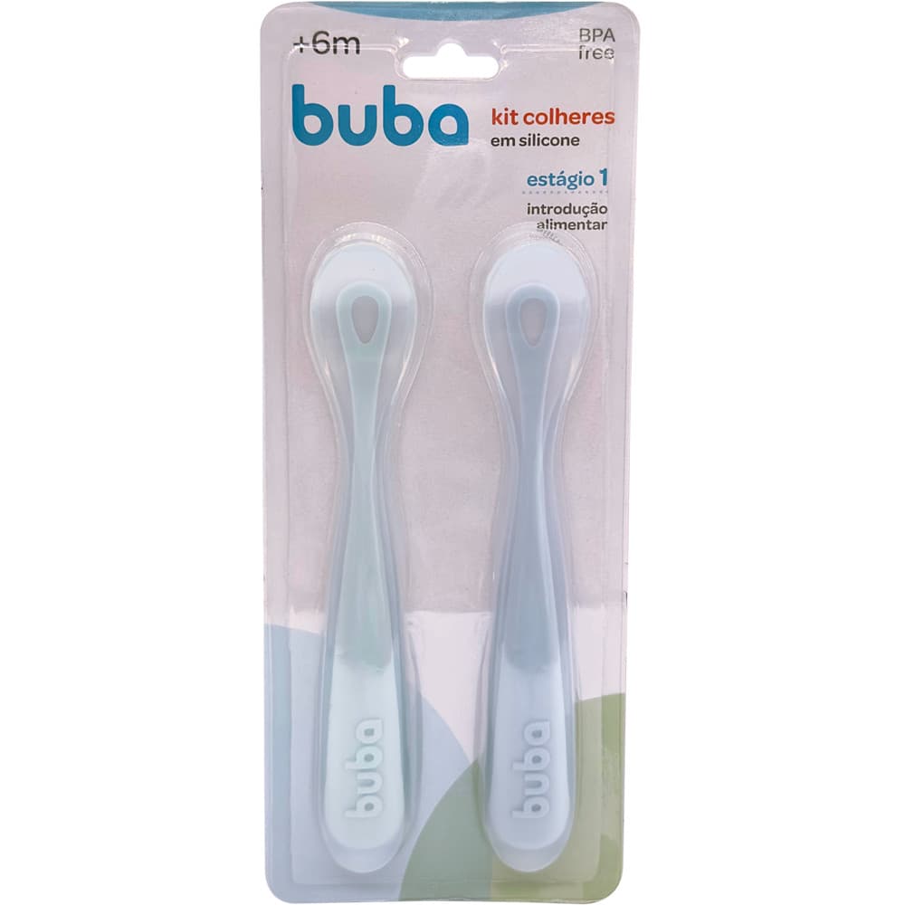 Kit 2 Colher Silicone Fase 1 Buba Introdução Alimentar Bebê Papinha Alimentação Bebe Menino Azul Colheres Buba