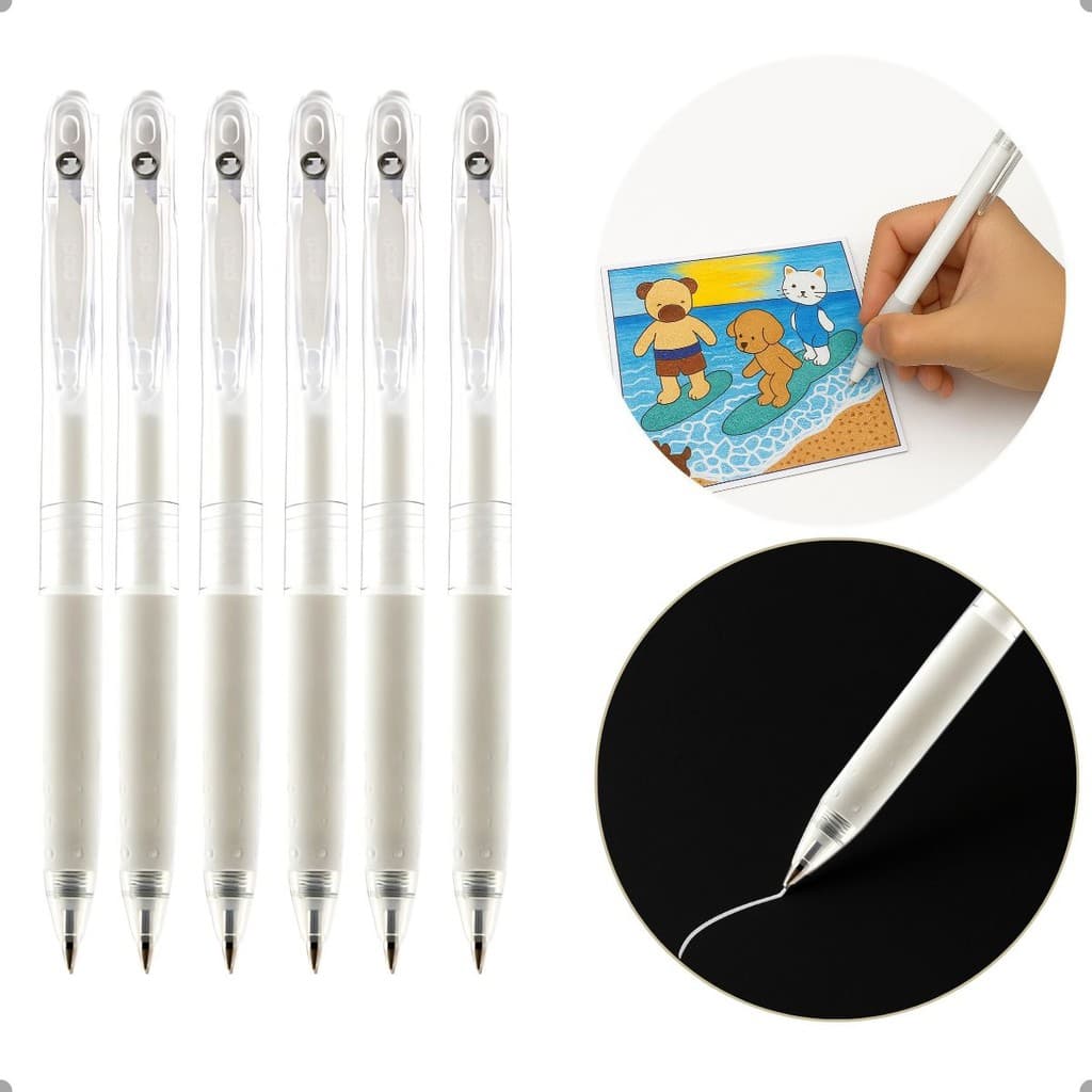 KIT 6 CANETA BRANCA GEL  POP LOL RETRÁTIL 0.7 PARA EFEITOS COLORIR CADERNOS E DESENHOS.