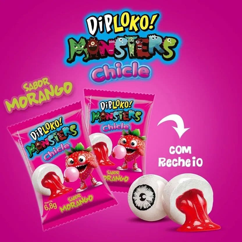 Chiclete Bola Morango Com Recheio Morango Dip Loko