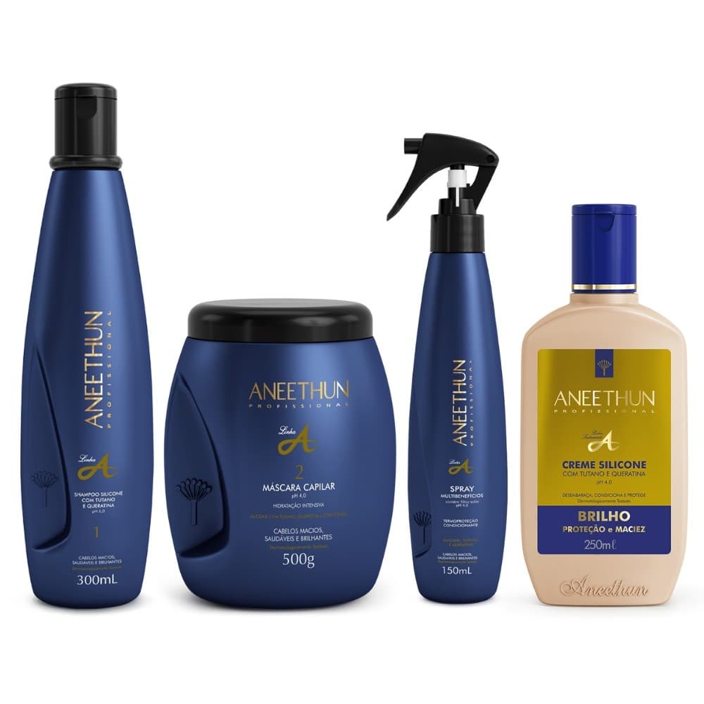 Kit Linha A Shampoo 300mL Máscara 500g Spray 150mL e Creme Silicone 250mL Aneethun + BRINDE