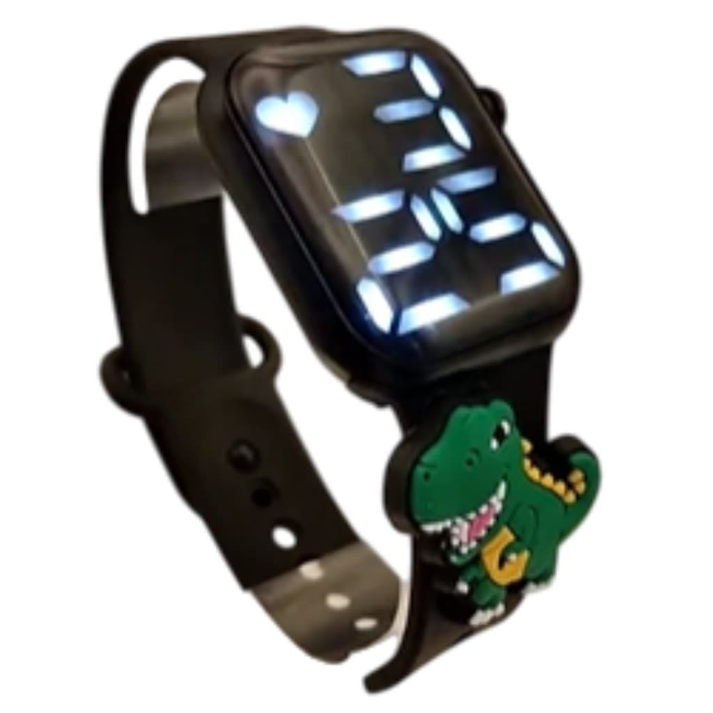 Relógio Digital Infantil com Dinossauro – Pulseira Preta e Visor LED