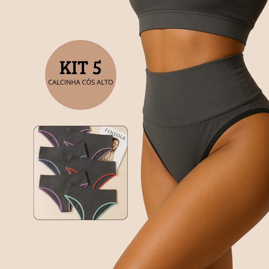 Kit 5 Calcinha Fitness Cós Alto Compressão Segura Barriga Cintura Alta Não Marca