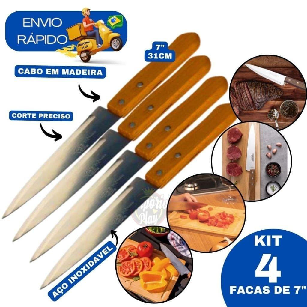 Kit 4 Faca de Carne Churrasco Peixeira de Inox 7'' Cabo Madeira para Cozinha Restaurante Lanchonete Churrascaria 30.5cm