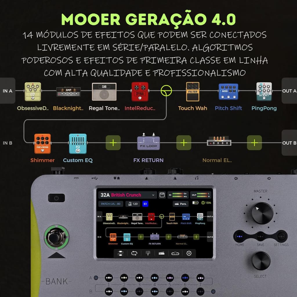 Mooer GE1000 – Pedaleira Multi Efeitos para Guitarra com MIDI e USB / tela Touch