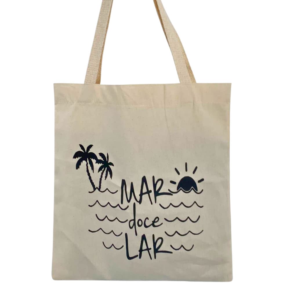 Bolsa Ecobag 100% Algodão Cru Reutilizável | Estampa Mar Doce Lar Praia Verão