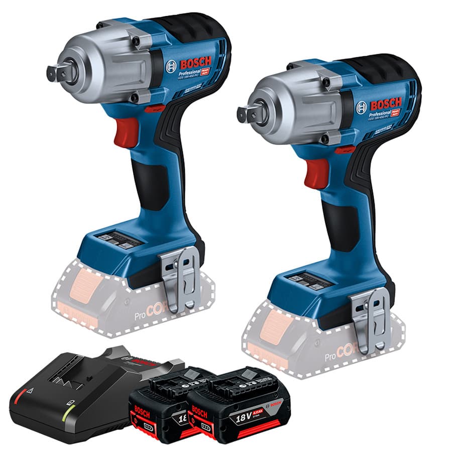 Kit com 2 Chave de Impacto 12" Motor Brushless GDS 18V-450 PC  2 Baterias GBA 18V 4Ah e Carregador Bivolt GAL 18V-40