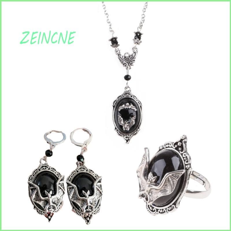 ZEIN Bat Conjunto Jóias Gótico Para Morcego Anéis Homens E Prata Brinco Halloween Diamante Colar