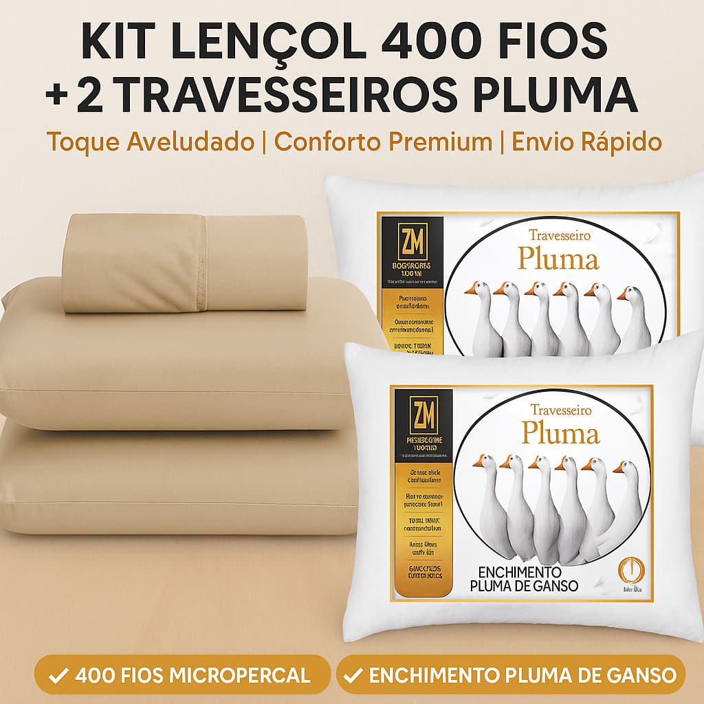 Kit Cama Premium 400 Fios + 2 Travesseiros Toque Pluma Cama Casal, Queen e King