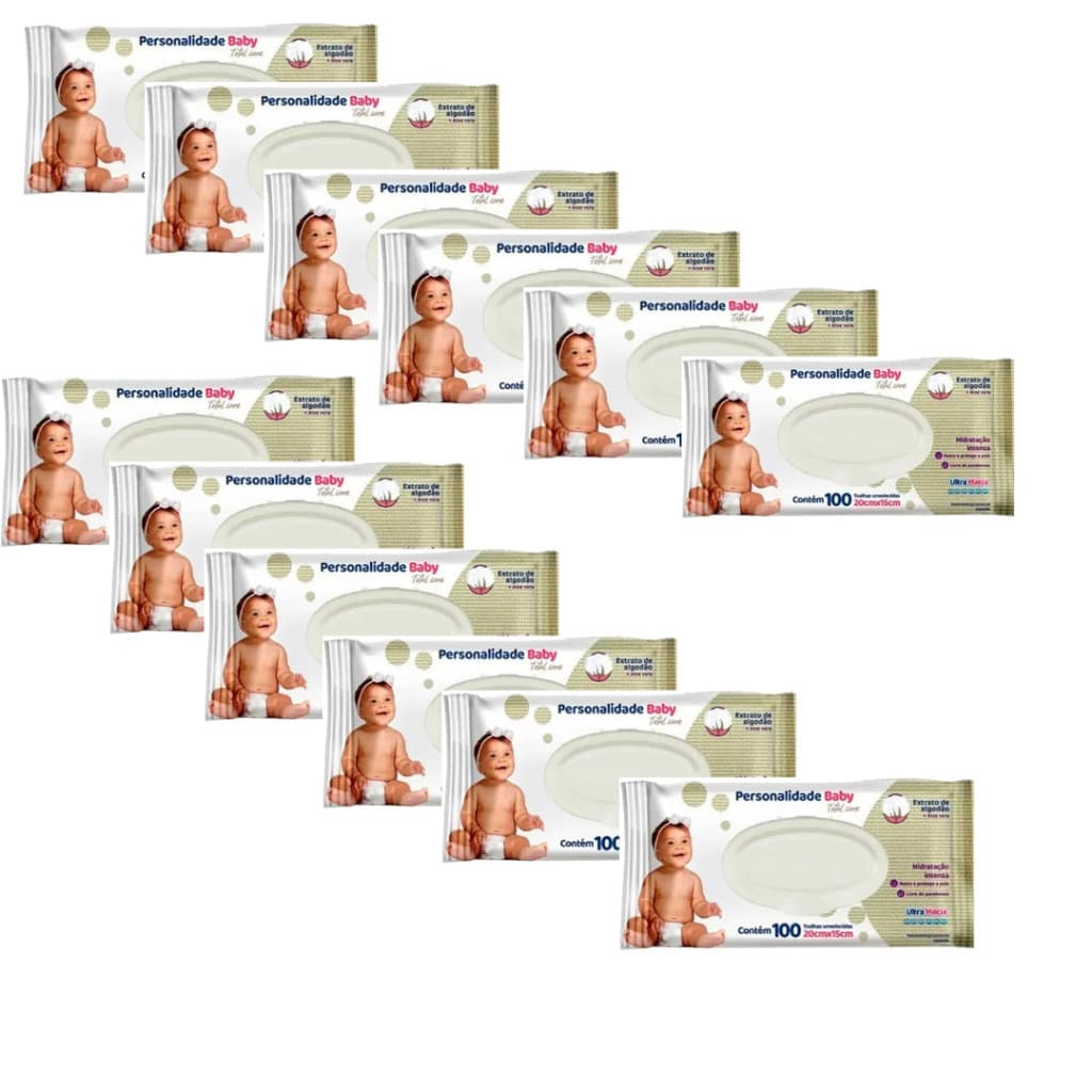 Kit 12 Pacotes Toalha Umedecida Personalidade Baby - 1200 Unidades - Tampa Abre e Fecha