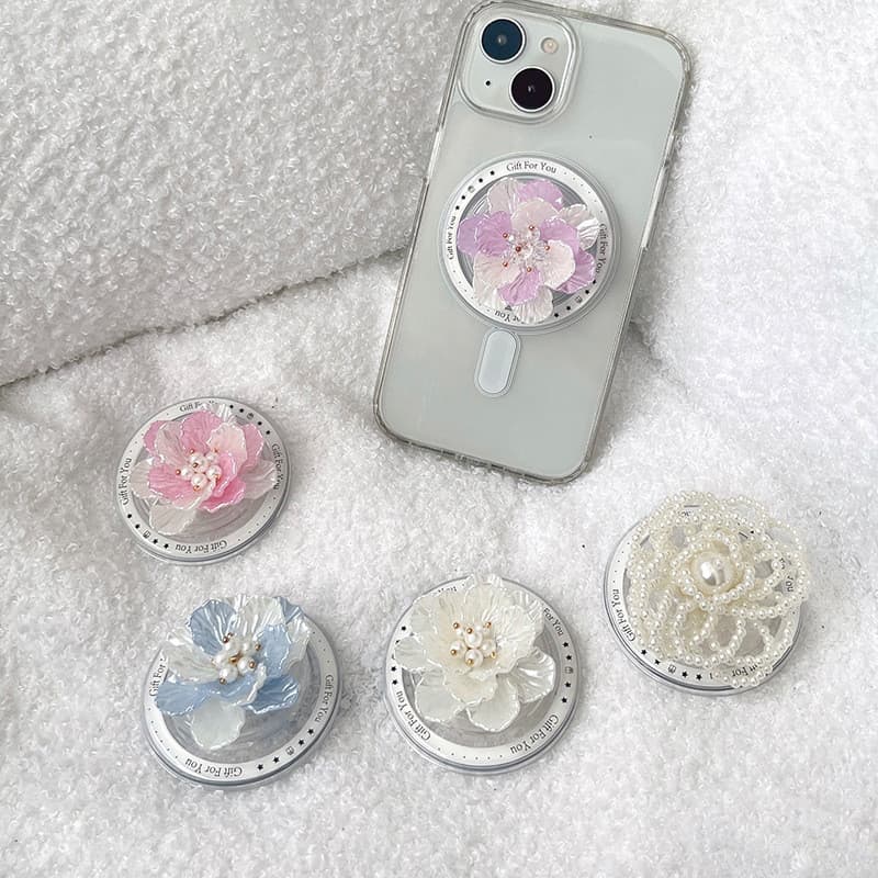 Suporte De Telefone Magnético Redondo 3d Flower Round Para IPhone 16 15 Pro Max Mesa Extensível Com Anel Pop Dobrável p3