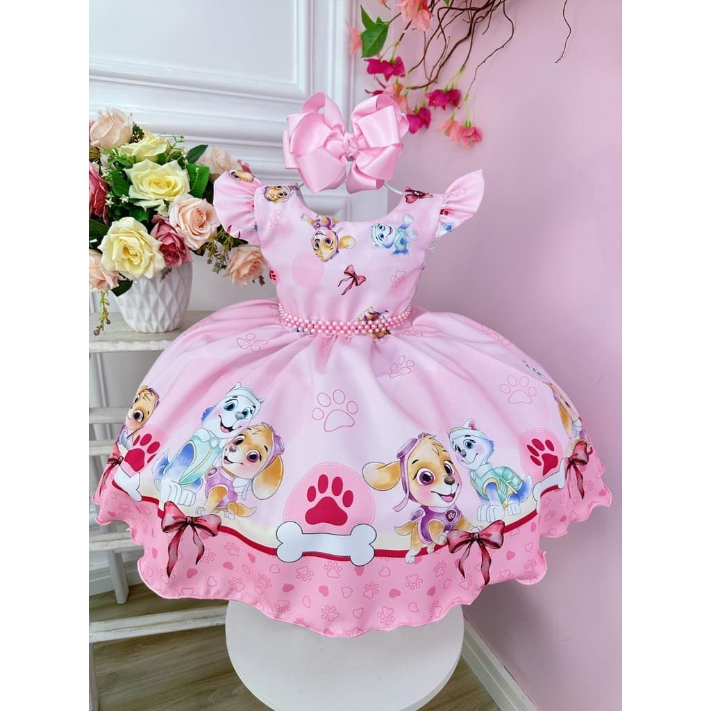 Vestido Infantil Patrulha Canina Sky Rosa Com Cinto de Pérolas Festas Aniversários