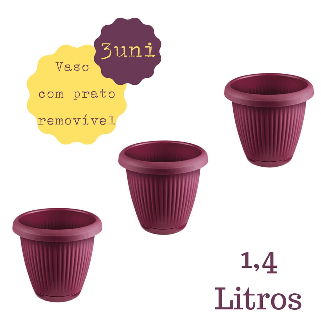 Kit 3 Vasos de Planta 1,4 Litros com Prato Removível