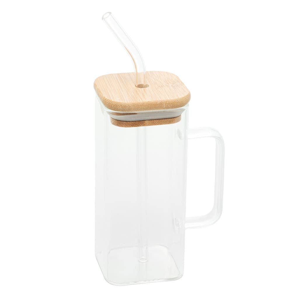 Caneca De Vidro C/ Canudo E Tampa De Bambu 400ml