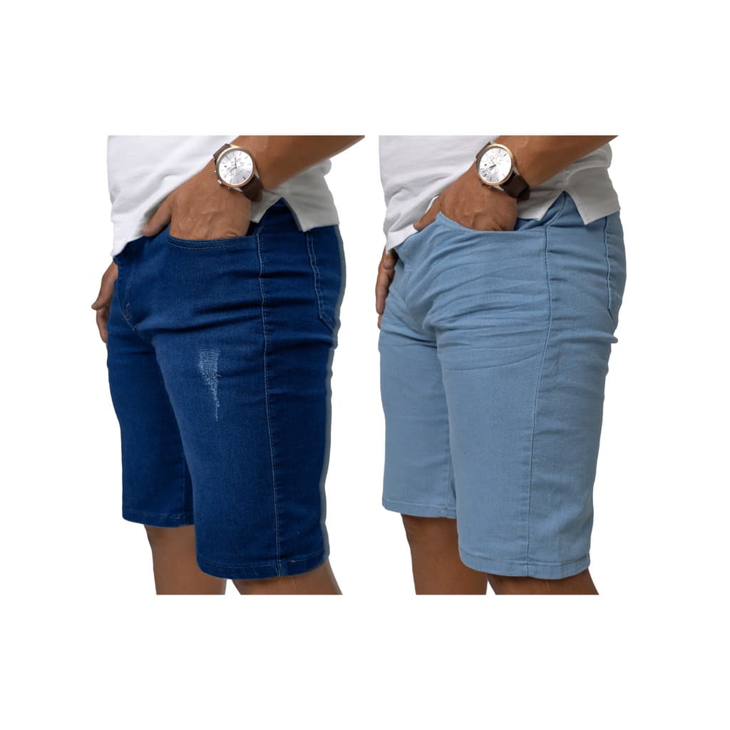 KIT 2 Bermuda Jeans Masculino Azul Claro e Azul Puido Com Elasticidade