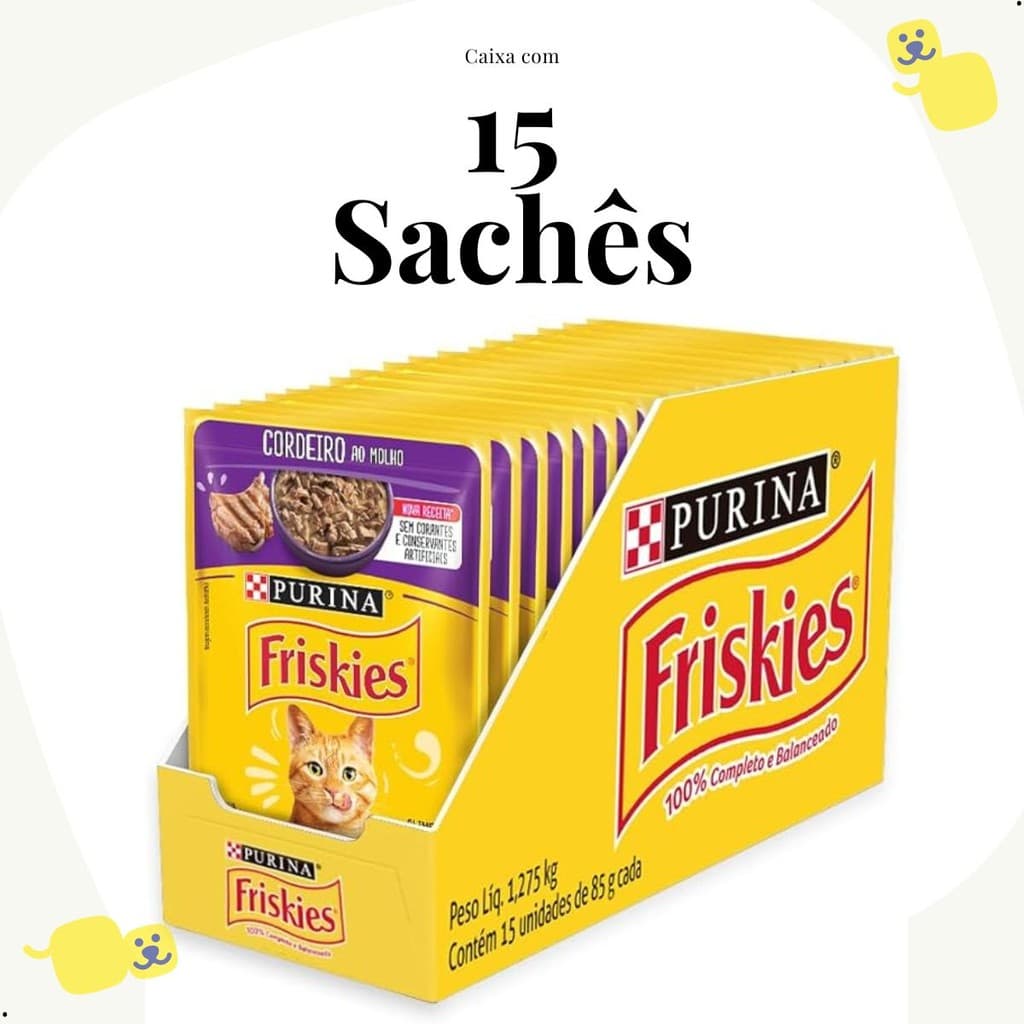 Kit 15 unidades Sachês Alimento Úmido Friskies Sabor Cordeiro Ao Molho Gato 85g Felino Cat