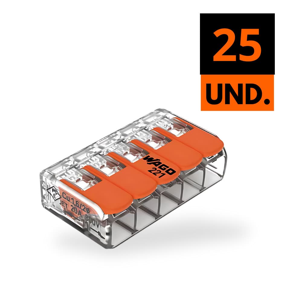 Kit 25 Un Conector Emenda Para Fios Elétrico 5 Polos Flexível 0,14 – 4,0 mm² 32A Wago