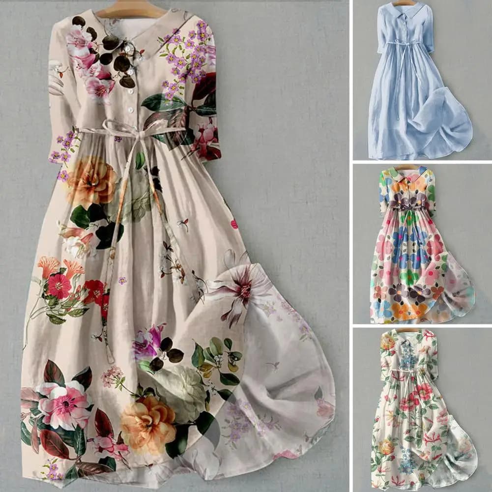 Primavera Midi Vestido Boêmio Floral Impressão Com Detalhe De Renda Silhueta Linha A Para Mulheres Moda Declaração