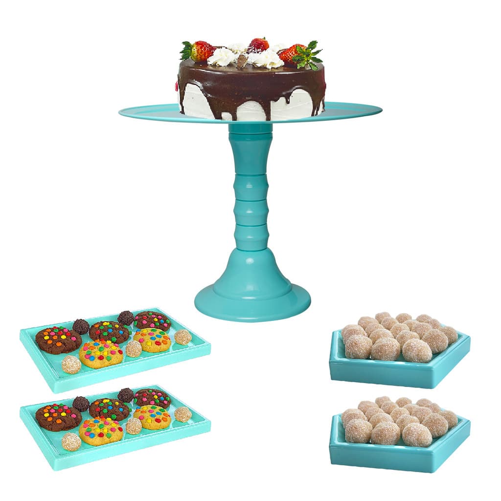 Kit Boleira G 32cm com Regulagem de Altura + 4 Bandejas Plástico Resistente Bolo Doces Festa